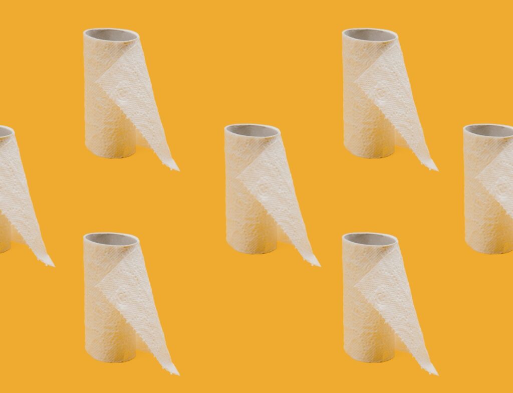 White tissue paper roll on a yellow background. In this section, we are going to dive into how to be responsibly broke by appropriately using reusable items.